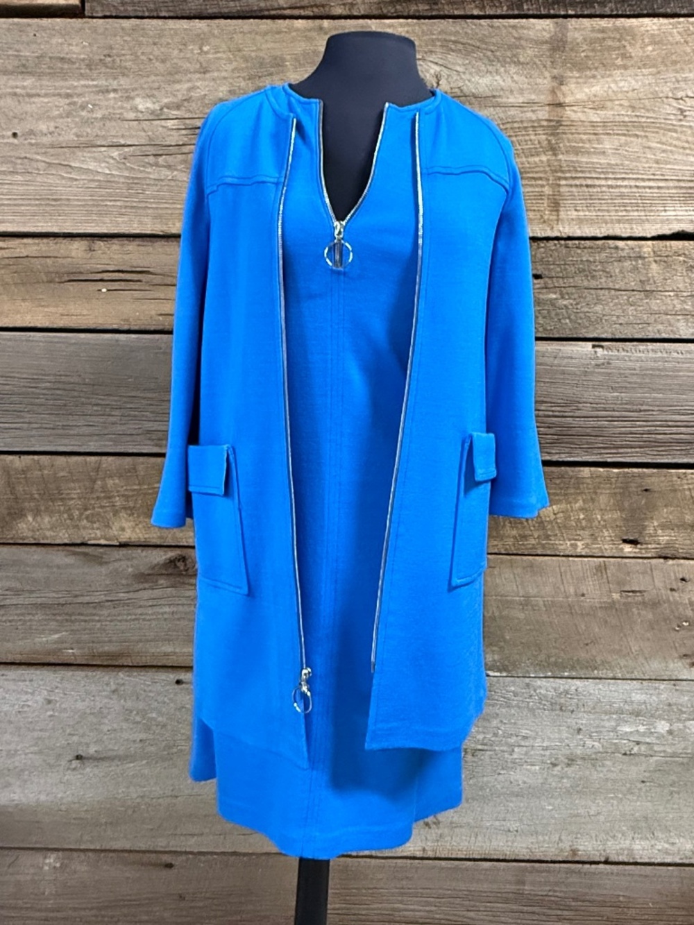 St. John 2 Ceylon Blue Milano knit coat jacket and sleeveless sheath dress, 2/P